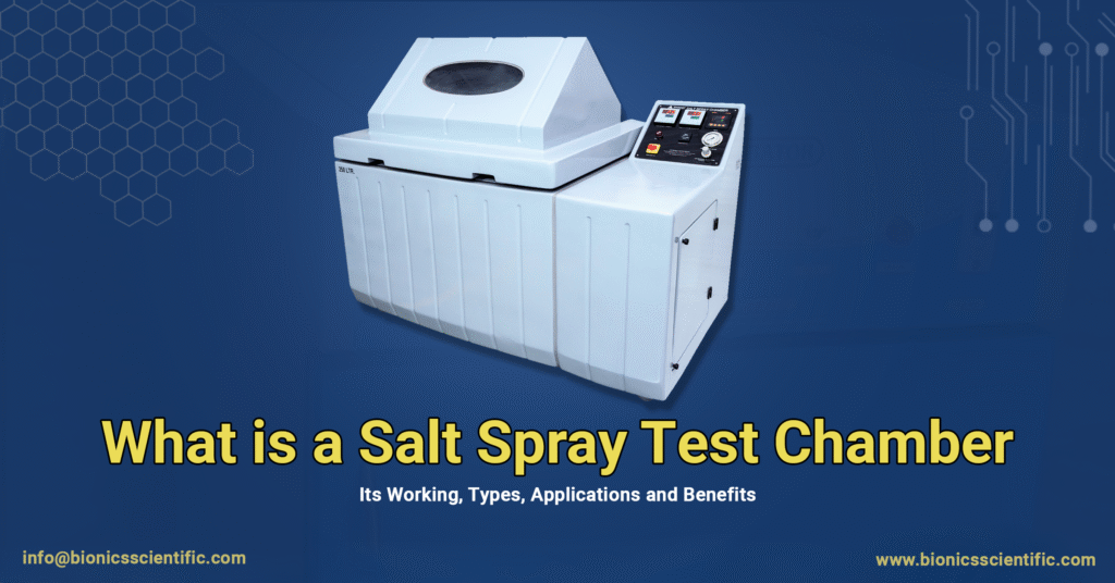 A white Bionics Scientific salt spray test chamber, a type of accelerated corrosion testing equipment, on a blue background.