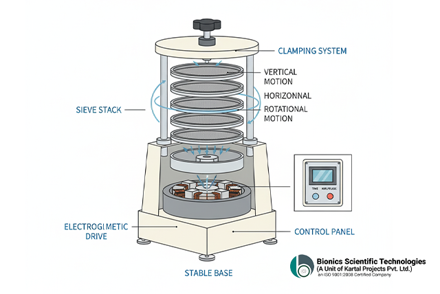 Electromagnetic Vibrating Sieve Shaker Machines 4 A labeled diagram of an electromagnetic sieve shaker showing its main parts: the sieve stack, electromagnetic drive, and control panel. The diagram also illustrates the 3D vertical and rotational motion essential for particle separation