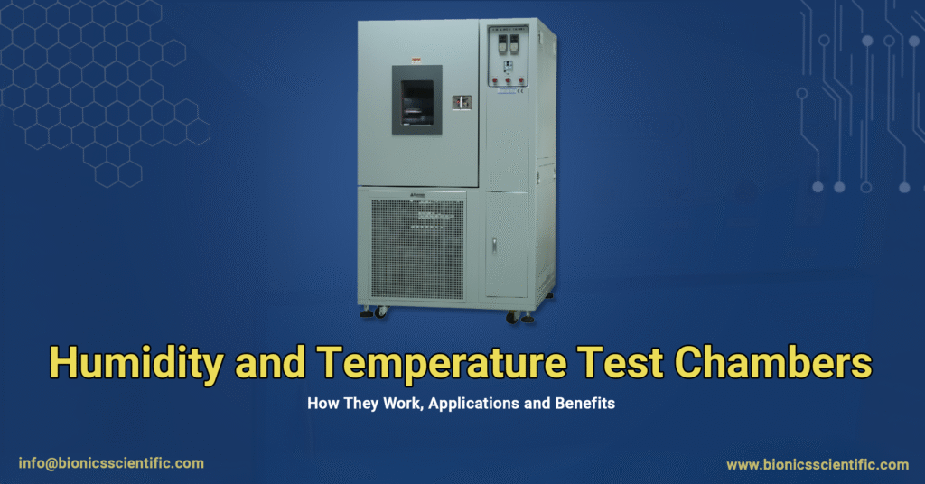 A grey, industrial humidity and temperature test chamber on wheels, set against a blue background with the title "Humidity and Temperature Test Chambers"