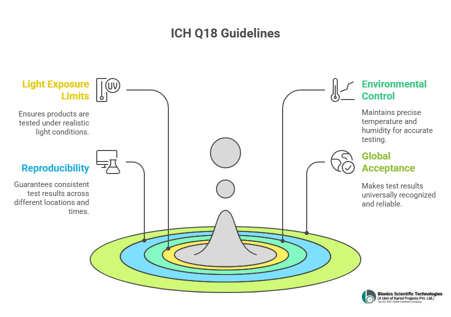 Following are the key points that covers ICH Q18:





Light Exposure Limits: They basically tell  how much UV and visible light a product needs to be tested with just like the kind of light it would actually face out in the real world.





Environmental Control: The testing has to happen in carefully controlled temperature and humidity so the results are spot on and trustworthy.





Reproducibility: These guidelines make sure that no matter where or when the test is done, it’s done the same way every time.





Global Acceptance: Following these rules guidelines makes the result world wide acceptable and this avoids repeating of test again and again also make test more trustworthy and Reliable