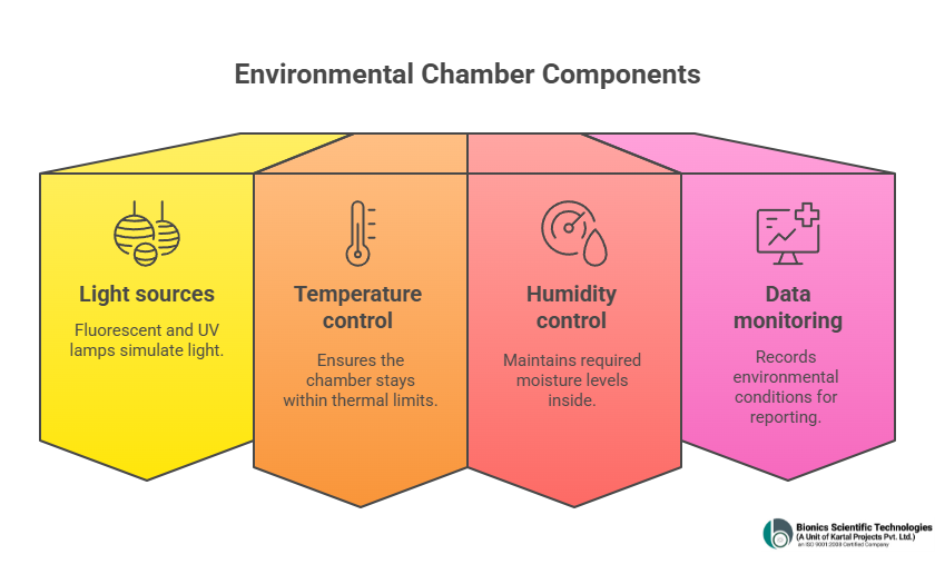 How a Photostability Test Chamber Works
A photostability test chamber is engineered with advanced systems to replicate environmental exposure:
Light sources : Fluorescent and UV lamps simulate both artificial and natural light.
Temperature control :  Ensures the chamber stays within precise thermal limits.
Humidity control :  Maintains required moisture levels.
Data monitoring :  Records environmental conditions for accurate reporting.
