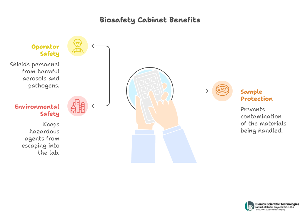 "An infographic titled 'Biosafety Cabinet Benefits' illustrating its three core functions. It shows how the cabinet provides: 1. Operator Safety by shielding personnel from harmful aerosols. 2. Environmental Safety by keeping hazardous agents contained. 3. Sample Protection by preventing contamination of materials."