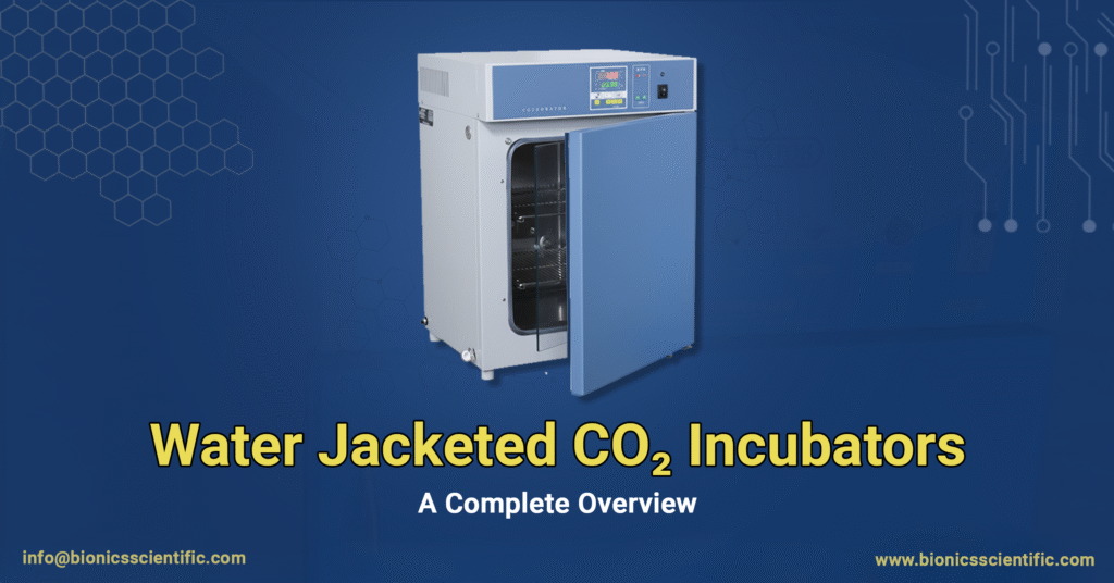 Water Jacketed CO2 Incubator by Bionics Scientific with door open, showing interior shelves for cell culture.