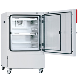 Photo stability test chamber with transparent front door open, showing stainless steel interior and adjustable shelves image