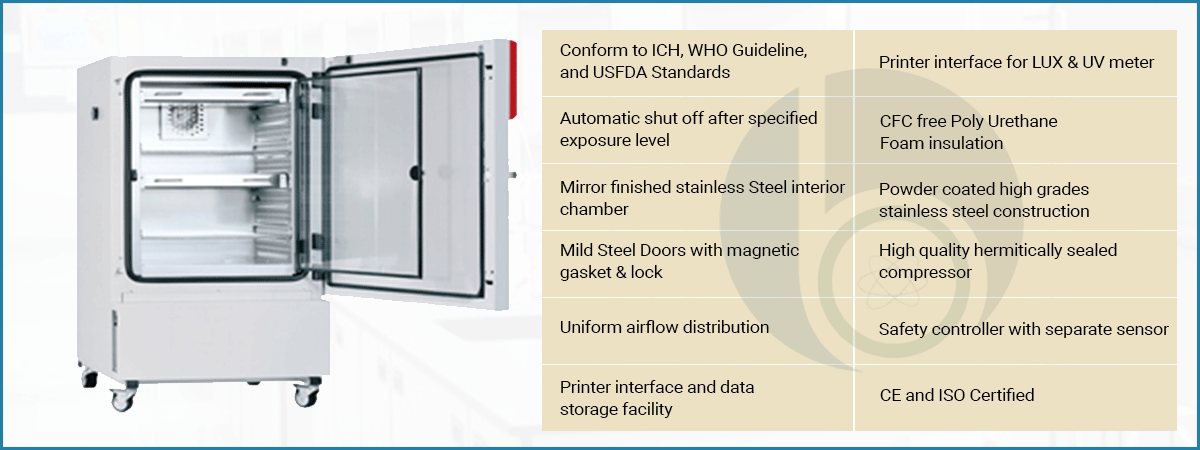 Photo stability test chamber with transparent front door open, showing stainless steel interior and adjustable shelves image
