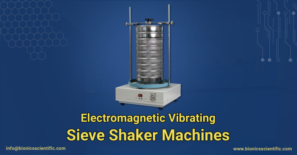 Electromagnetic Vibrating Sieve Shaker Machines 2 A Bionics Scientific Electromagnetic Vibrating Sieve Shaker Machine with a stack of sieves, set against a blue background with tech-themed graphics. Contact info is visible.