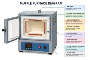 Muffle furnace diagram showing heating chamber, heating elements, ceramic fiber insulation, PID controller, thermocouple, air vent, and outer body.