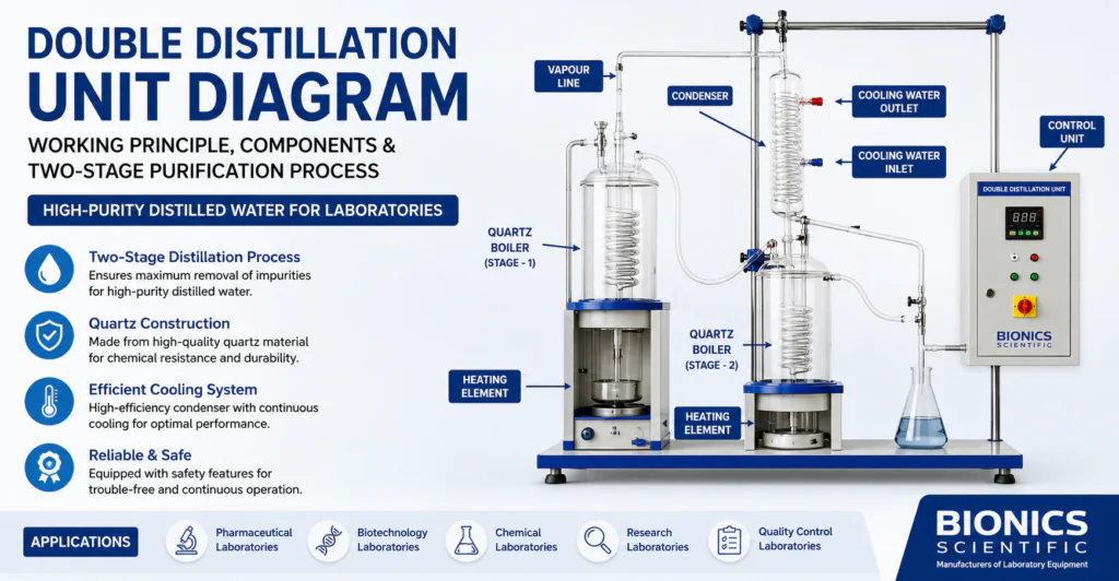 Double Distillation Unit Diagram showing the working principle, quartz boilers, condenser, and two-stage water distillation process