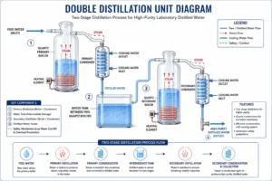 Double Distillation Unit Diagram: Working Principle, Components, Uses & Buying Guide 3 Double Distillation Unit Diagram showing quartz boiler, condenser, cooling system, and two-stage water purification process
