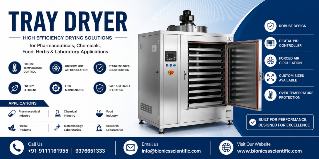 Tray Dryer: Working Principle, Types, Applications & Buying Guide 2 Industrial tray dryer machine for pharmaceutical, chemical, food, herbal, and laboratory applications by Bionics Scientific